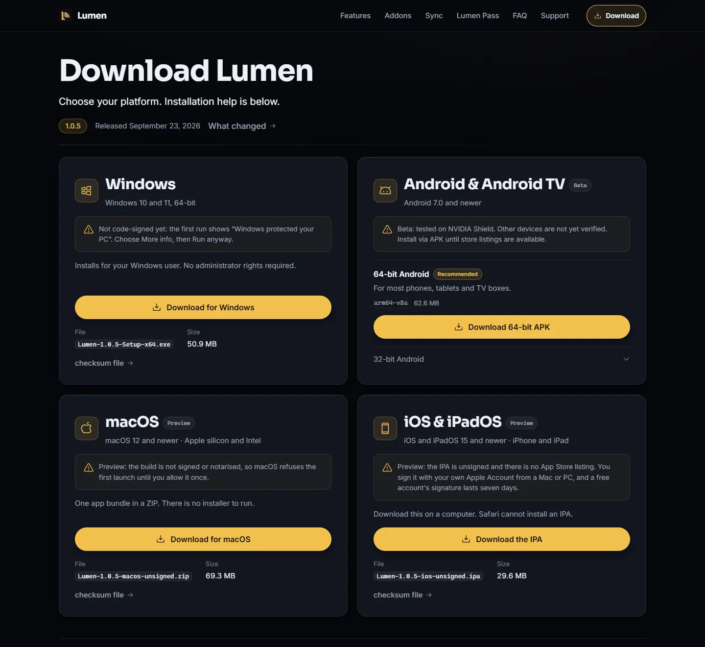 The Lumen download page, with a card for Windows, Android, macOS and iOS