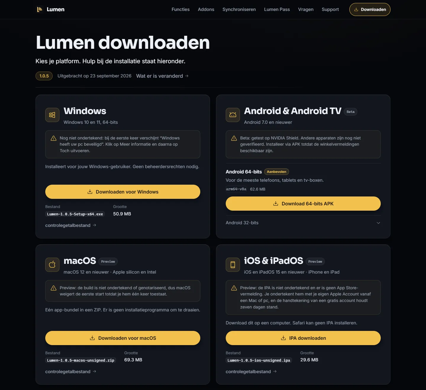 De downloadpagina van Lumen, met een kaart voor Windows, Android, macOS en iOS