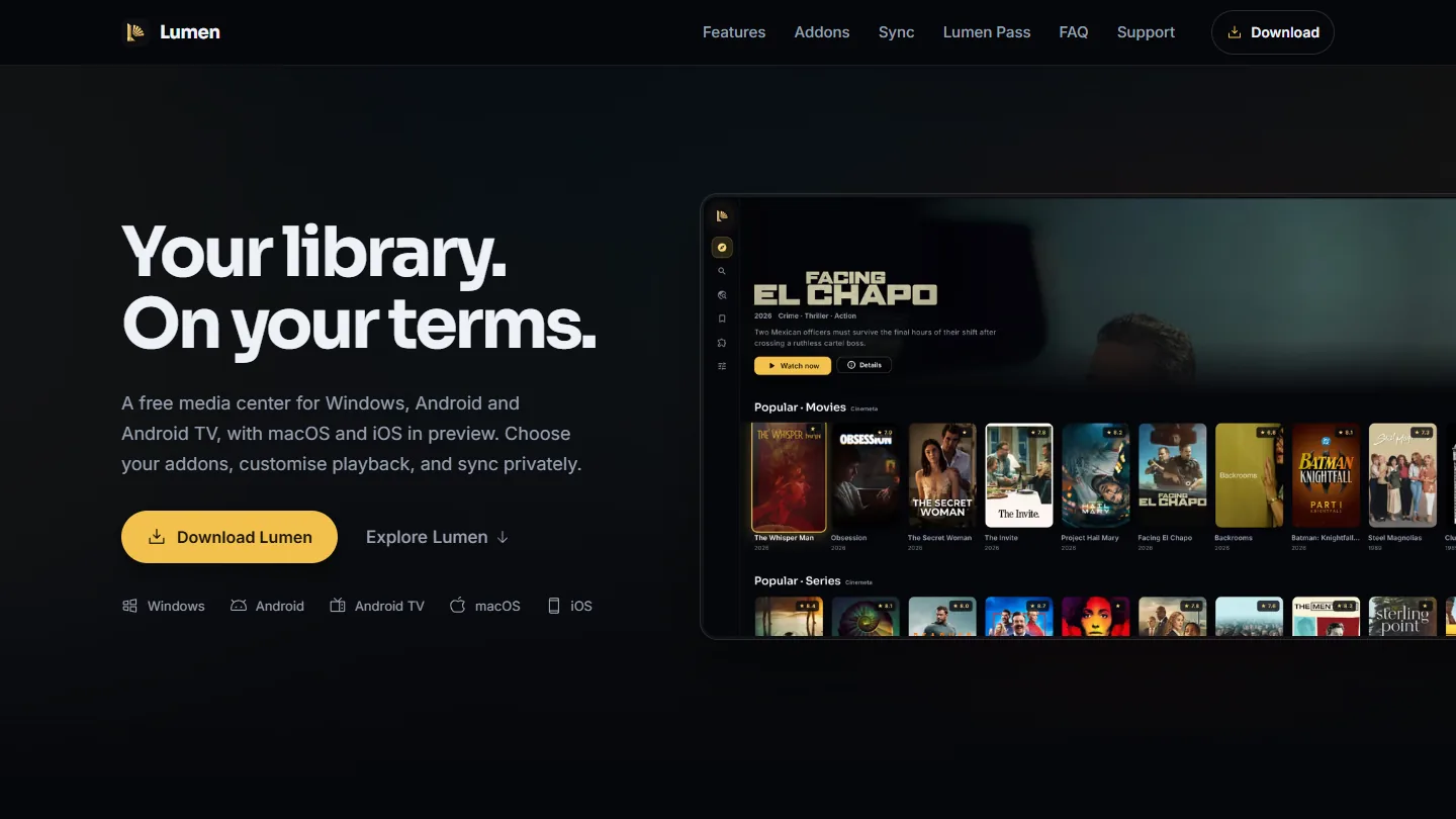 The lumen.movie homepage: headline, a short explanation and a download button next to a view of the app