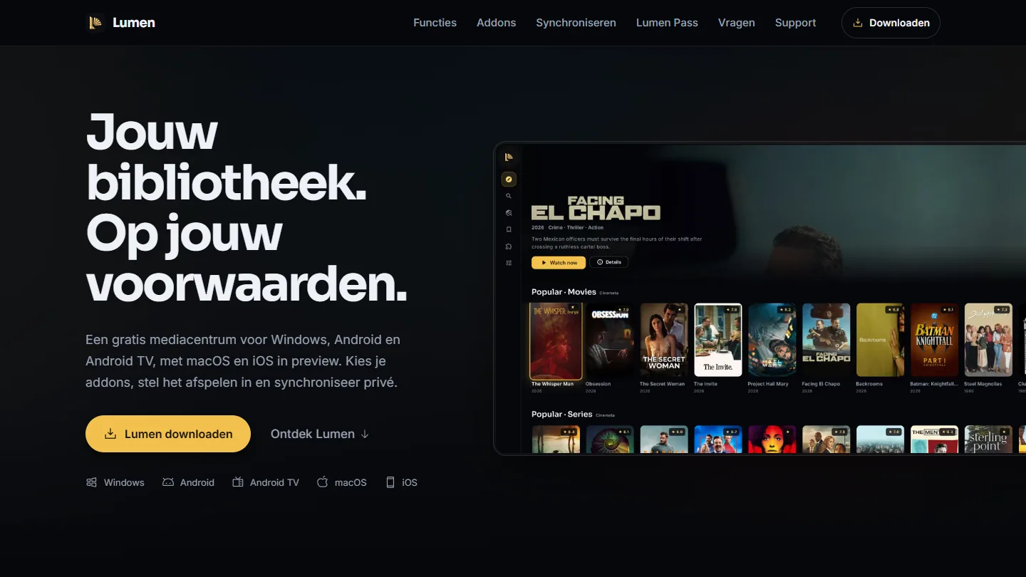 De Nederlandse homepage van lumen.movie: titel, korte uitleg en een downloadknop naast een beeld van de app
