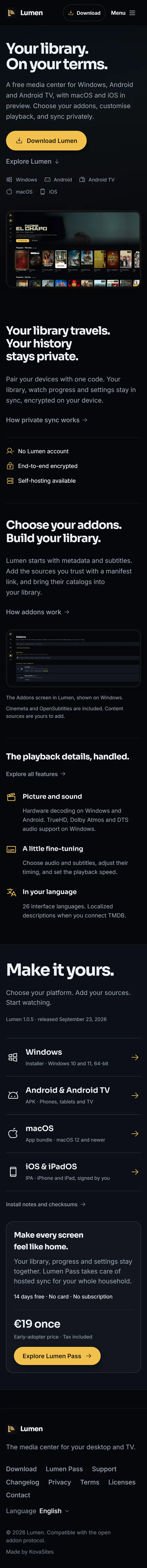 The lumen.movie homepage on a phone, top to bottom