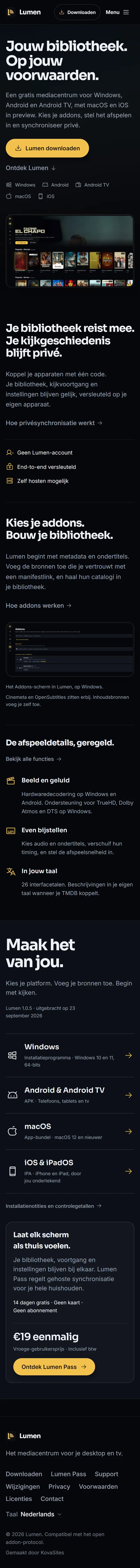 De homepage van lumen.movie op een smartphone, van boven tot onder
