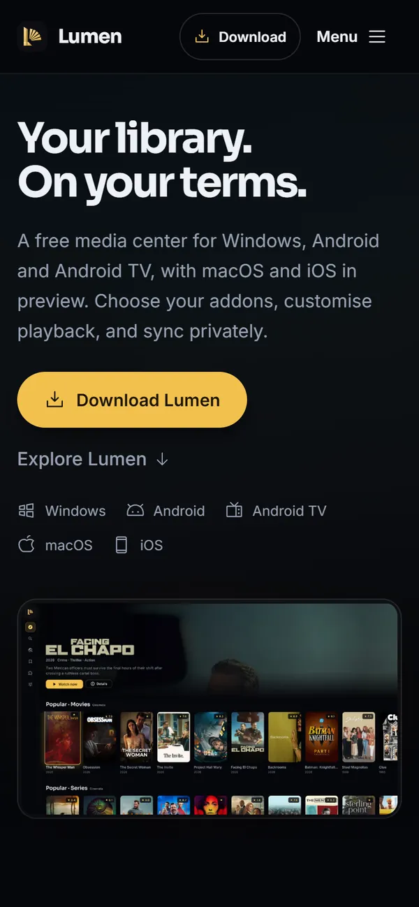 The lumen.movie homepage on a phone