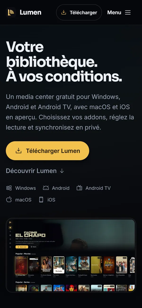 De homepage van Lumen in het Frans, op een smartphone