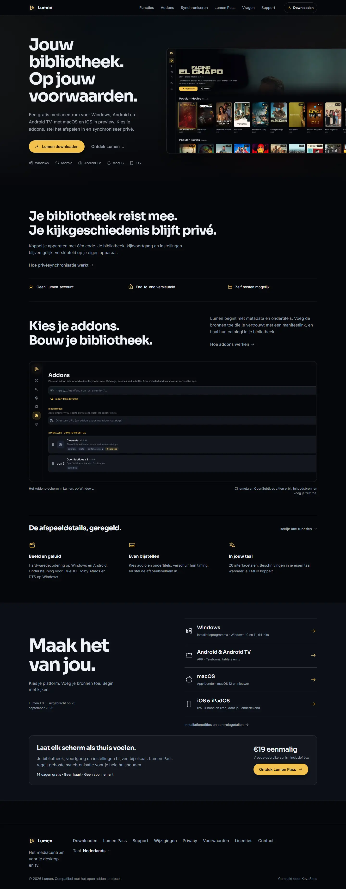 De homepage van lumen.movie, van boven tot onder