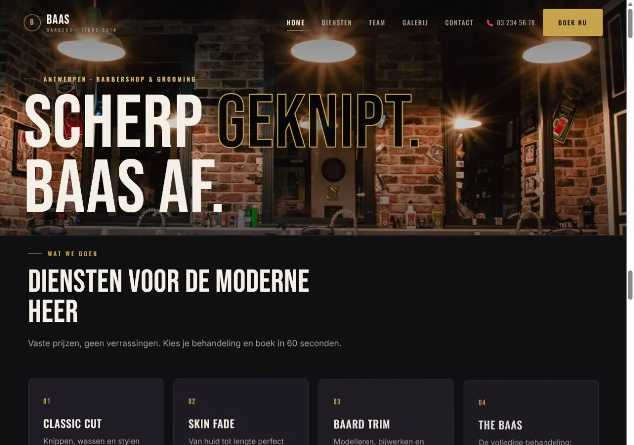 Screenshot van de BAAS Barbers demo-homepage