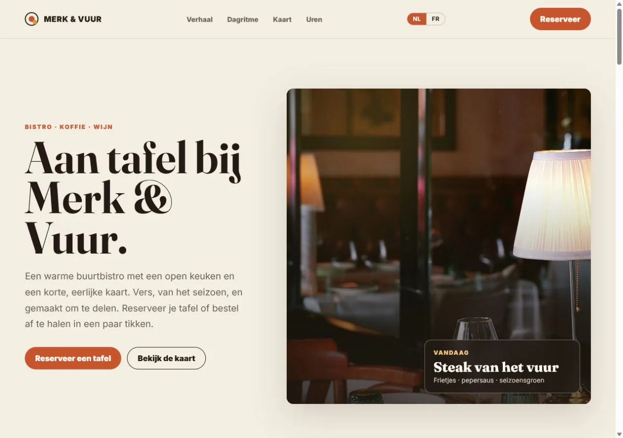 Screenshot van de Merk & Vuur demo-homepage